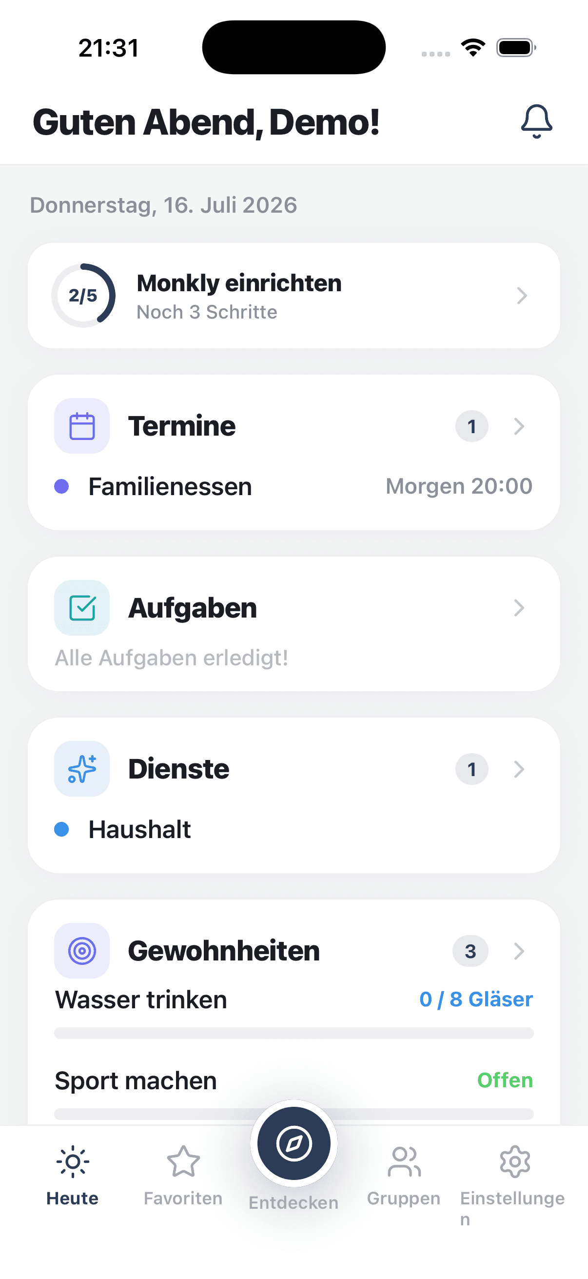 Monkly Heute-Ansicht auf dem Smartphone