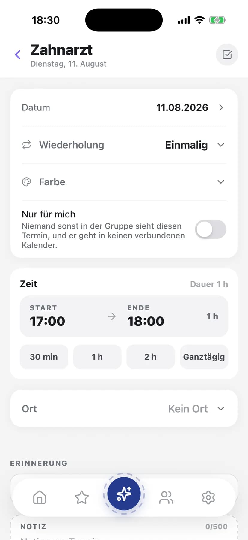 Ein Termin mit Zeit, Wiederholung und Erinnerung